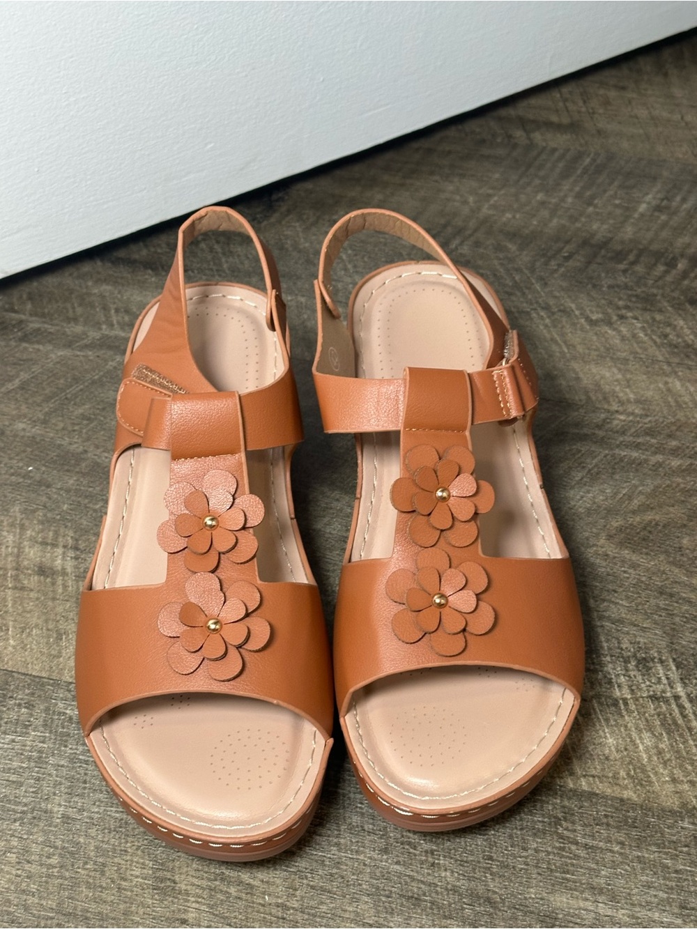Women’s Tan Cognac Floral Sandals EU 42 US 11 Comfort Cushioned Slingback
